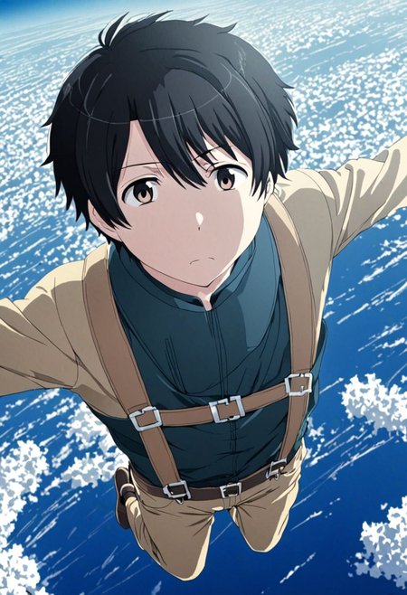 high resolution, solo, best quality, 1Boy, Inaho Kaizuka, Black Hair, free fall, sky , OverallDetail