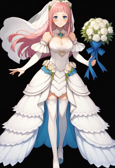 score_9, score_8_up, score_7_up, source_anime BREAK 1girl, solo, <lora:feh-style-richy-v1_pdxl:1> fehdef, full body, standing, black background, simple background, <lora:felicia-fe-richy-v1_pdxl:0.9> feliciadef, pink hair, blue eyes, long hair, bangs, bride, bridal gauntlets, bridal garter, bridal veil, wedding dress, smile, blush, looking at viewer, white legwear, bouquet, holding bouquet, see-through, cleavage, bare shoulders, detached sleeves,