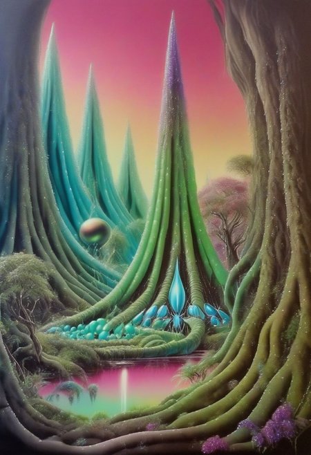 70s airbrush painting of an infinite jeweled alien garden <lora:70s_Sci-Fi_Art_XL:1>