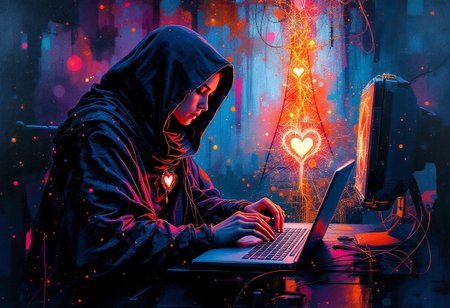 moody abstract minimalist impressionist, smudged abstract oil painting created from bokeh neon blobs of color in postmodern style depicting world of connectivity, bokeh effervescence in dark shadows, inside engine room of power station, effervescent sparks flying from computer, focus on futuristic wise hero:woman typing on laptop-computer, futuristic clothing shawl cloak hood jade with glowing red heart_amulet, under ghostly luminous pylon, with tangles of cables, wax medium