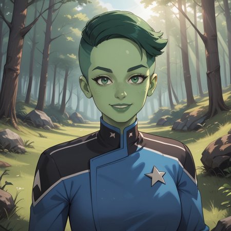 score_9, score_8, BREAK, solo, D'vana Tendi, orion species, Star Trek, in a starfleet uniform, colored skin, green skin, green freckles, colored hair, green hair, undercut, sexy pose, self portrait, smile, outdoors, sunlight, shadows, evening lighting, natural lighting, forest, trees, grass, orange sky, sunset