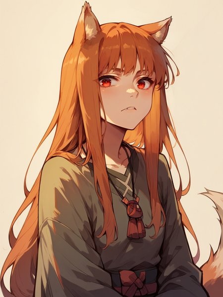 score_9, score_8_up, score_7_up, score_6_up, score_5_up,   <lora:HoloXLP:1> holo, 1girl, wolf ears, long hair, solo, red eyes, ginger hair, wolf tail,
