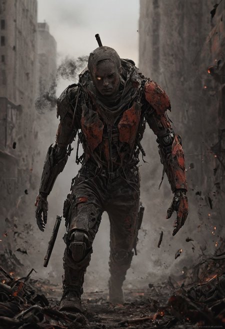a combat cyborg, battle damaged, looking at the sunset over a faraway distopian city, smoke rising high on the horizon, colorful, muted rusted eroded paint,