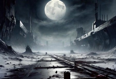 EdobHorrorLandscape,
A landscape of a deserted moon base,
hopeless, nightmare,
fog,
winter,
crimes, muders, gangs,