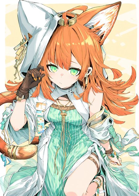 <lora:BebopSensen250208:1>,Bebopsensen,<lora:papyrus_arknights_for_IL:1>,papyrus_\(arknights\),orange hair,green eyes,cat ears,jewelry,green dress ,earrings ,single glove,sandals,anklet,orange nails,<lora:NOOB_vp1_detailer_by_volnovik_v1:1>,<lora:noobai_ep11_stabilizer_v0.138_fp16:1>,