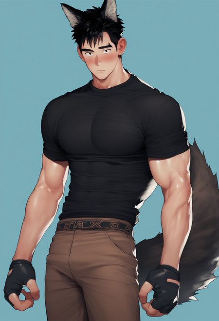 <lora:naoki xman:1>,naoki,1boy,solo,male focus,animal ears,short hair,muscular,pants,tail,black hair,brown pants,shirt,black shirt,blush,gloves,wolf ears,fingerless gloves,wolf tail,wolf boy,sideburns,looking at viewer,black gloves,, score_9,score_8_up,score_7_up,source_anime,