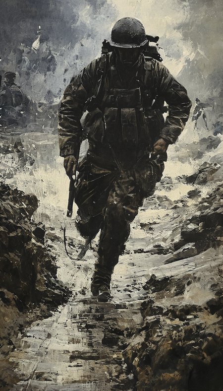 (1944 year World War II chronicle Normandy landings:1.8), dark black oil theme, dark noir style, <lora:AshleyWoodArtAIcc:1> AshleyWoodArtAI <lora:greg_rutkowski_xl_v1:1> Greg Rutkowski, (scene from movie saving private ryan:1.4), Soldiers run along the Omaha beach, rock fortification and dots, USA flag, black smoke and fog, liquid black oil splash and droplets, dynamic action motion capture, colorful, luminism, bioluminescence, studio lighting, hyper detailed, (masterpiece, best quality:1.4), ray tracing reflection, sharp focus, shallow depth of field detailed background, (ultra realistic:1.2), (add details, more artful:1.4), 16k