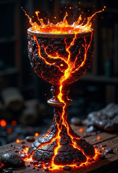 A hyper-realistic portrait, photorealistic photo close-up image of A chalice forged from molten lava, its surface perpetually shifting and flowing like a living, fiery river. The body of the chalice is smooth, with glowing orange and red patterns resembling ancient runes, constantly appearing and disappearing as the lava moves. The rim is edged with a blackened, obsidian-like material that contrasts sharply with the molten liquid within. Inside the chalice, a swirling vortex of liquid fire dances, its heat palpable even from a distance. The base is heavy, with veins of glowing magma coursing through the stone, grounding the otherwise fluid object in the physical world. The chalice stands on a wooden medieval table (photography, high-resolution, dynamic, energetic,hyper-realistic, dramatic lighting, shallow depth of field.)