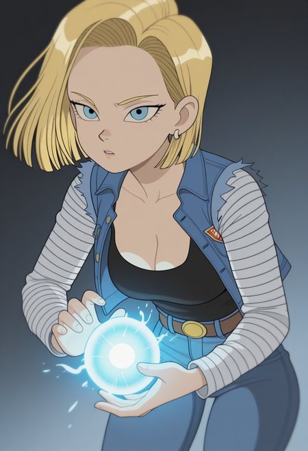 W411,   masterpiece, best quality, solo,                                                                                                                         1girl,  android 18,  blonde,  denim vest, holding blue energy ball, neon hue, medium shot, cleavage,