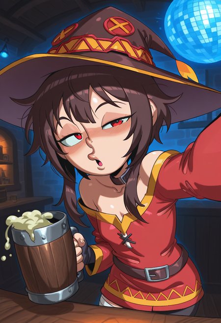 j0j0, masterpiece, best quality, solo,  megumin, neon party lights, tavern, disco ball, pov from below selfie,  one eye half closed, holding tankard, drunk, hat, messy hair, burp,