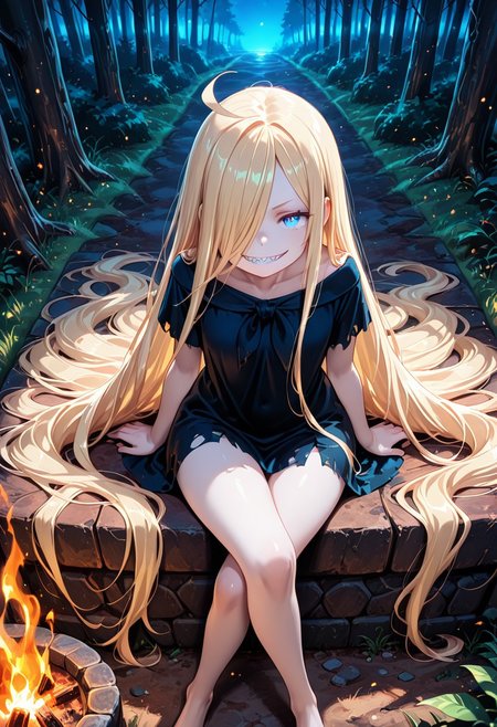 1girl, solo, masterpiece, best quality, newest, absurdres, CG, anime, source anime, illustration, very aesthetic, high resolution, ultra-detailed, newest, scenery, medium depth of field, rule of thirds, masterpiece-level, clean lines, 
BREAK 1girl, ((solo)), ru1, blonde hair, absurdly long hair, blue eyes, hair over one eye, sharp teeth, antenna hair, pale skin,
torn black dress, short sleeves, barefoot
dynamic pose, sitting, crossed legs, grin, evil smile, upper body, close shot, from above
outdoors, meadow, fireplace, forest, night
cinematic angle, various angles, detailed background, beautiful background, (rays light:1.0),(grow:1.0) mystical, luminism, vibrant colors, light particles