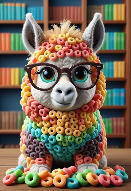 a cute chibby alpaca with big rainbow eyes made made of fruit loops, very detailed, 4k, sharp, (wearing glasses), intelligent donkey, library background