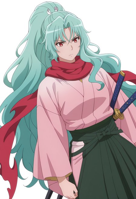Smooth Quality,masterpiece, ultra realistic,
simple background, white background, 
dutch angle,serious,wind, 
 <lora:Tomoecnn:0.8> sofia/cnn, 1girl, long hair, scarf, ponytail, red eyes, japanese clothes, katana, green hair, very long hair,