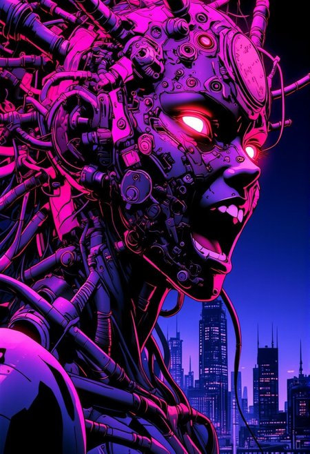 This anime cyberpunk image is a highly detailed digital artwork in a futuristic, cyberpunk style. It features a close-up of a cyberpunk woman with a  mechanical appearance. The woman's face with an open mouth displaying teeth, giving the impression of intense emotion. The woman has bright, glowing eyes that emit a neon pink hue, adding a surreal and otherworldly quality to the scene. The woman's head is adorned with a crown-like structure made of intricate, glowing pink and purple circuitry, which contrasts starkly with the dark, almost black background. This circuitry appears to be fused with the woman's head, suggesting a merging of organic and mechanical elements. The background is a gradient of dark blues and purples, with faint, blurred silhouettes of towering buildings, suggesting a cityscape in the distance. The overall color palette is dominated by neon hues, emphasizing the high-tech, futuristic theme. Image taken from the left side of woman