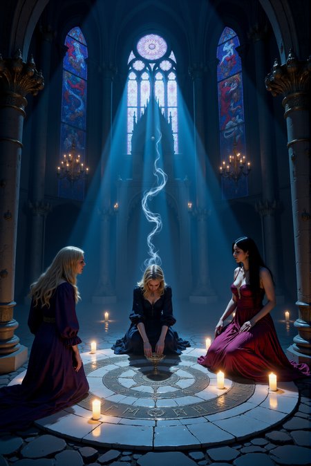 <lora:FANCHA_v.4:0.99> Fancha style.   In a grand, gothic cathedral shrouded in dim blue light, three women are situated within an elaborate occult ritual. The scene is defined by towering stone columns inscribed with ancient runes, while ethereal, multicolored light streams through large stained-glass windows, casting vivid hues across the stone floor. Each window features intricate, sacred iconography, blending celestial symbols with gothic arches. The vaulted ceiling is shadowed, save for faint glimmers from high chandeliers, dripping with candles that add a haunting warmth to the overall cool, mystical tones. The woman on the left, dressed in a rich, purple corset and flowing dark skirt, has long, golden hair that flows in subtle waves, catching the light in a soft shimmer. Her expression is a mixture of curiosity and alarm as she reaches up, as though to touch or sense something unseen. At the center, a woman in a dark, black dress with plunging neckline and voluminous sleeves leans forward within a mystical circle etched onto the stone floor, surrounded by softly flickering candles. Wisps of spectral mist rise from the circle, swirling around her outstretched hand, which hovers over the arcane symbols as though channeling energy. Her intense gaze and the shadows cast by her hair create an aura of dark enchantment. To the right, a third woman, elegantly draped in a crimson gown that contrasts starkly with the cool tones around her, exudes an air of serene confidence. Her dark, wavy hair frames a calm, contemplative face. She rests one hand on the floor beside her, with her gaze directed slightly upward, as though sensing a power beyond the visible realm. Delicate lace gloves cover her hands, adding a gothic elegance that complements the scene's mystical atmosphere. The atmosphere is thick with mystery and magic, punctuated by the soft glow of candles that line the ritual circle, casting a golden light onto the cold, blue-tinged floor. Shadows from flickering flames dance on the walls, enhancing the sense of otherworldly energy as the women appear engaged in a potent, spellbinding ritual within this ancient, hallowed space.