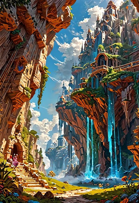 A sprawling valley of cascading waterfalls cutting through layered sandstone cliffs, viewed from a sweeping aerial perspective that reveals turquoise plunge pools and winding river networks. Golden-hour sunlight pierces mist rising from thunderous falls, illuminating intricate textures of water-smoothed rock strata and vibrant moss colonies clinging to vertical surfaces. Close-up details of fern fronds trembling in the perpetual spray, their fractal patterns echoed in the dendritic river deltas below. Low-angle shots framing monolithic cliff faces against swirling cloud formations, while tracking perspectives follow ibex traversing narrow ledges above abyssal gorges. Ultra-detailed 8k rendering captures every water droplet in mid-air suspension and crystalline reflections in ancient rockpools. A symphony of emerald, amber, and sapphire hues created by mineral-rich waters, lichen communities, and twilight's deepening azure gradients across the canyon's stratified geology.
