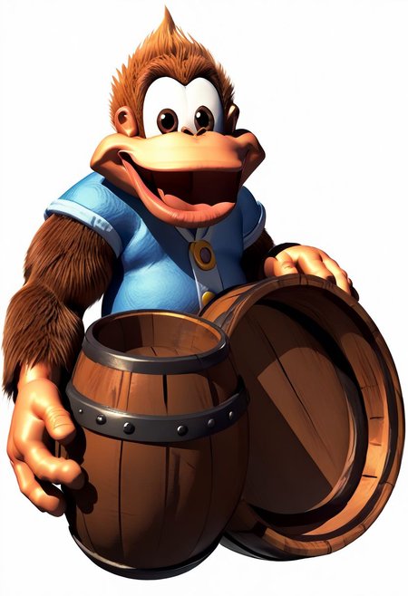 (source_furry, source_cartoon, score_9, score_8_up, score_7_up:1), solo male, kiddy kong, smile, open mouth, looking at viewer, holding a barrel, 3d, simple background, white background