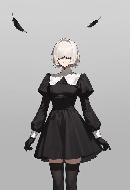 masterpiece, best quality, white blindfold, covered eyes, mole under mouth, clothing cutout, long sleeves, puffy sleeves, juliet sleeves, feather trim, black thighhighs, black gloves, black dress, black skirt,  <lora:Abbystea_Style_LoRA_XL:1>, abbystea style