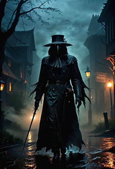 the horrors of the night, scary, demon, whispers in the night, midnight, fog, rain, plague doctor