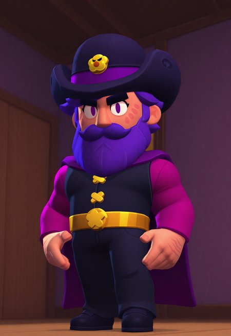 masterpiece, good quality, best quality, very awa, very as2, absurdres, highres, 3d,
<lora:Brawl Stars StyleIlluLYCO:1.4>brwlstrs, 3d, indoors
RasmodiusSV, purple hair, short hair, purple eyes, beard, mustache, mature male, hat, cape, violet turtleneck shirt, black vest, gold belt, black pants, black shoes,