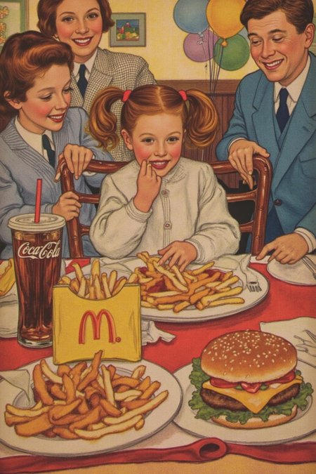 shippengreen1 illustration.
ivanbilibin1 illustration. 
A four-year-old girl with twin pigtails is celebrating her birthday at McDonald's, a place that feels like a magical playground for children. The joy on her face is unmistakable as she sits at a table set with a colorful array of items: crispy McDonald's fries in a bright yellow packet, a refreshing cup of Coca-Cola, and a juicy hamburger wrapped in its iconic packaging. Her pigtails bounce playfully as she moves, adding to the lively atmosphere. The table is also adorned with festive decorations, including balloons and streamers that match the vibrant McDonald's red and yellow color scheme. Family members gather around, their smiles reflecting the warmth and love of the occasion. The lighting inside the restaurant is soft yet bright, creating a welcoming environment that highlights the happiness of the moment. This scene captures the pure delight and excitement of a young child's birthday celebration, set against the backdrop of a beloved fast-food chain, where simple pleasures bring immense joy 
 <lora:shippengreen1_cap_d6a3:1.0><lora:837366559686021357:0>