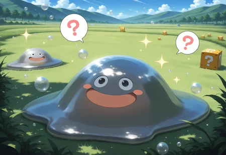 masterpiece,extreme detailed BREAK (2others:1.1),no humans,no_legs,day,field BREAK hagurin,:D,slime \(creature\),sparkle,bubble,<lora:hagurin-NAI:1>,spoken question mark,? block,