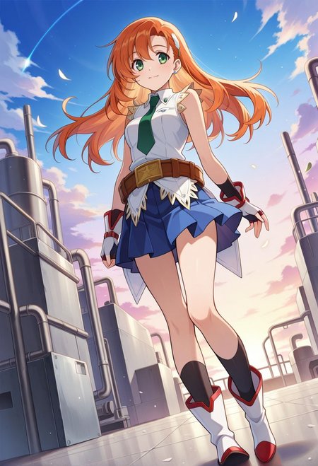 detailed eyes, beautiful, detailed background, perfect eyes,
source_anime, very aesthetic, anime coloring, masterpiece, official art,
<lora:HandFineTuning_XL:1>
BREAK,
factory, sci-fi,
standing,  light smile, looking at viewer,
dynamic angle, full body, looking away, floating hair,
BREAK,
<lora:cliana_illustrious_v02:0.9>
clianaDef, orange hair, green eyes, long hair, feather hairpin, 
white shirt, sleeveless, fingerless gloves, green necktie, laces, hairpin, pleated skirt, blue skirt, belt, buckle, 
black socks, white boots,
