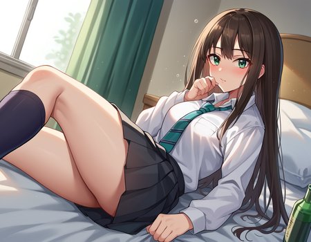 score_9, score_8_up, score_7_up, source_anime,
rinshibuya, <lora:rin-shibuya-ponyxl-lora-nochekaiser:1>,
rin shibuya, black hair, green eyes, long hair,
black skirt, black socks, collared shirt, green necktie, kneehighs, long sleeves, miniskirt, necktie, pleated skirt, school uniform, shirt, skirt, socks, striped, striped necktie, white shirt, wing collar,
indoors, bed, bed room, on side, blush, drunk,
looking at viewer, dutch angle, cowboy shot,