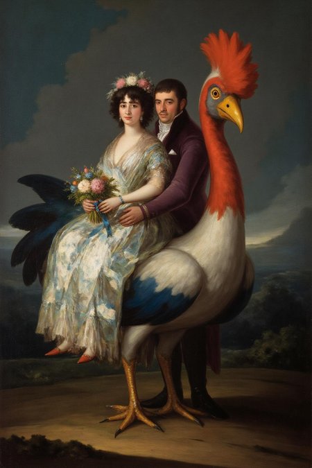 g0ya1 painting
A romantic scene with a couple, a woman, and a man, set against a dreamlike, fantastical backdrop. The woman, dressed in a flowing white wedding gown, is seated on the back of a stylized giant bird with a prominent red comb and a blue body. She holds a bouquet of flowers in her left hand and a blue ribbon in her right hand, which is resting on the man's shoulder. The man, dressed in a deep purple suit, embraces her from behind, with his head resting on her shoulder.  <lora:g0ya1_cap_d6a3:1.0><lora:815799725006779104:0>