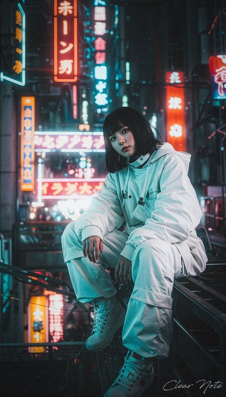 Japanese Culture Style, Neo Photorealistic Art, Emotional Photos, 35mm film, Young Japanese Woman, Futuristic clothing, Futuristic cityscape, Neon Street, Sitting and looking down on the city, Neo-Tokyo