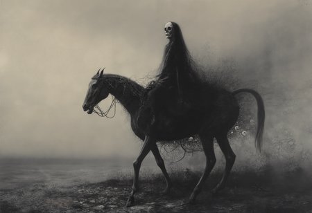 surreal photography, dreamlike imagery, subconscious exploration, bending reality, imaginative narratives, juxtaposing elements, evoking wonder and awe, transcending boundaries, challenging perceptions, fantastical landscapes, otherworldly atmospheres, <lora:Flux\Styles\Beksinski 2\Beksinski.safetensors:0.5:0.5>, a broken hearted bride riding a skeleton horse