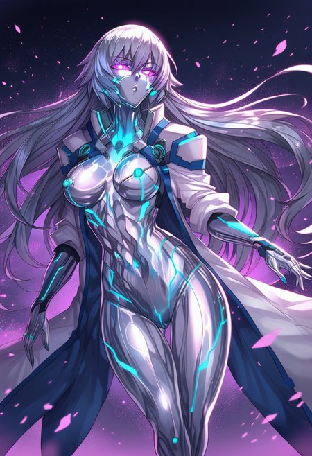score_9, score_8_up, score_7_up, score_6_up, score_5_up, score_4_up, 2D, ibenz,
BREAK
1girl, liquid mercury, solo,
silver body, ((long hair, silver hair)), 
((purple lines, purple eyes, glowing eyes)), 
hourglass figure, long legs, thick thighs, large breasts,
 seductive pose, caressing own self, seductive look, 
(cyberspace) black background, blue energy lines, blue code, detailed background,