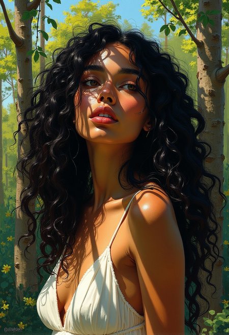 m0d3rn1mpr, close up of a dark-skinned woman with long curly black hair, she is standing in a forest, and wears a long white dress, dappled shadows cover her face, and blue sky can be seen through the dense canopy of leaves above her, 
 <lora:modern-impressionist:0.8>