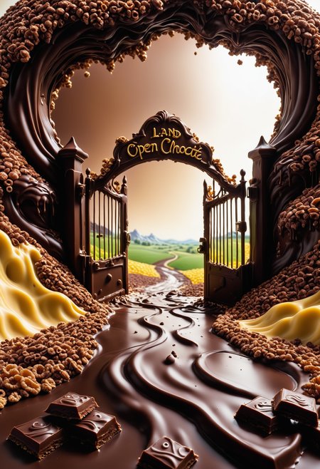 a gate made of melted chocolate and cereals by Jed-ChocoC, its the entrance to the land of milk and honey, behind the gate is a open path made of melted chocolate into a fantasy chocolate landscape <lora:last:0.7> <lora:SDXLFaeTastic2400:0.7>