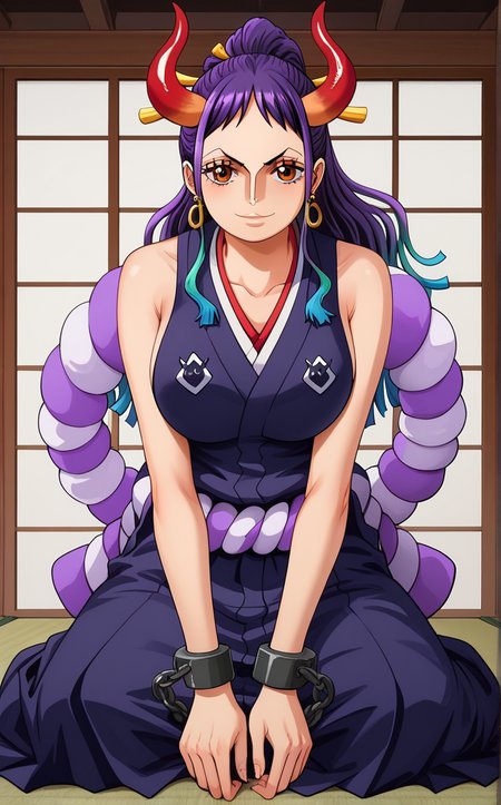 score_9, score_8_up, score_7_up, yokozuwari, sitting, barefoot, blanket, sliding doors, tatami, sidelighting, indoors, depth of field, solo, looking at viewer,   <lora:ONEPIECE_Yamato_ownwaifu:1>, BREAK BlackKimono_Yamato_ownwaifu, 1girl, bare shoulders, chain, cuffs, curled horns, hair ornament, hair stick, high ponytail, hoop earrings, japanese clothes, jewelry, multicolored hair, multicolored horns, oni, orange eyes, purple hair, red horns, shackles, shimenawa, sidelocks, sleeveless kimono, yamato (one piece),  collarbone, large breasts, long hair,  two-tone hair, ear piercing, hakama, hakama pants, heart earrings, hip vent, parted bangs, purple kimono,<lora:Expressive_H:0.15> <lora:add-detail-xl:0.15>,