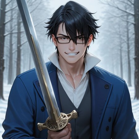 masterpiece, best quality, amazing quality, absurdres, newest, detailed background, definition so sharp, Ultra-HD, 8K cinematic, very awa, impressionate, amazing quality, highres, 
solo, male focus, manly, mature male, bara, charming, cool, badass, cold light, blurry background, outdoor, 
1boy, short hair, glasses, saruhikofushimi, saruhiko_black hair, saruhiko_black eyes, blue coat, collared shirt, upper body, sword,
grin, smirk, excited, upper body, holding sword, looking at viewer, front,