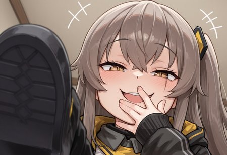 best quality, hires, from below, close up,
1girl, solo, Ump45 \(Girls' Frontline\),
looking at viewer, stepped on,
raised eyebrows, smug, open mouth, mesugaki, hand over own mouth, +++,