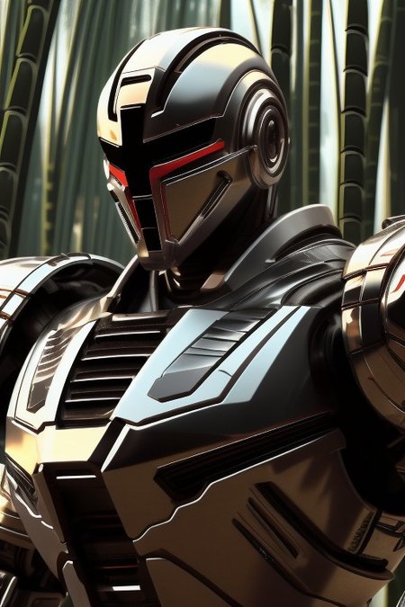 ((masterpiece)), ((best quality)), 8k, ultra-detailed, futuristic android robot, metallic mask,  half-body photo, sleek military tech project inspired by Japanese design, (samurai influences) in the armor, (red and white color scheme), with black accents, intricate kanji symbols engraved on the chest plate, glowing red eyes, dynamic warrior-like pose, (simple background: futuristic Tokyo or bamboo forest), cinematic lighting, subtle mist and smoke, capturing both ancient warrior spirit and futuristic technology, sharp focus, detailed background,real robot,epic mecha, chrometech