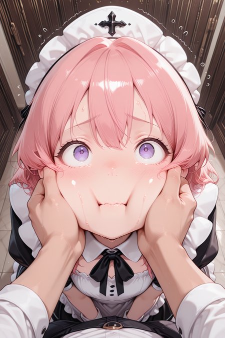 embedding:lazympos, extreme sex, unholy-aesthetic, 1girl/1boy, general, solo, CivChan, nervous, light blush, top view, looking up at viewer, POV, cheeks pull, hands pulling cheeks, holding arms <lora:Extreme_Sex_v2.0-IllustriousXLNoobAI:1> <lora:CivChan:0.9>
