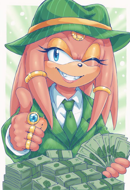 score_9,score_8_up,score_7_up, sonic \(series\),  <lora:Aurora_the_Echidna2:0.8>, Aurora the Echidna, mobian echidna, 1girl, solo, <lora:gangstersb-guy-PONYv1:1>, gangstersb, thumbs up, one eye closed, grin, smile, money, holding money, portrait, cropped torso, ring, formal, hat, green headwear, necktie, suit, striped, looking at viewer