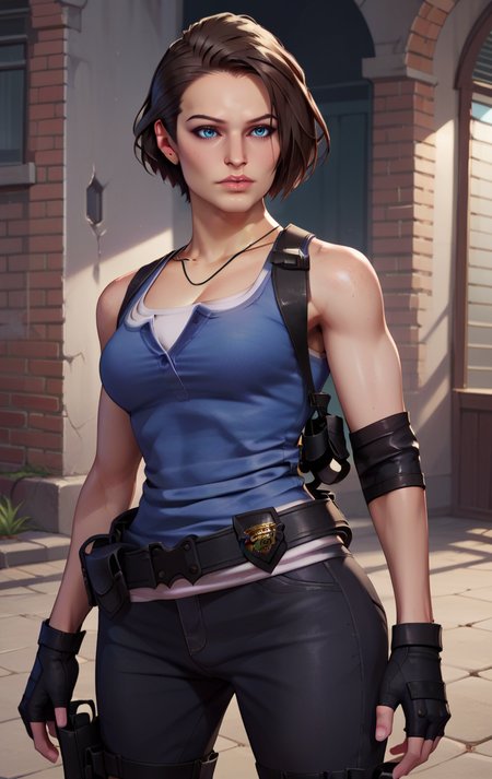 score_9, score_8_up, score_7_up, BREAK <lora:jillSDXL:1> jillvalentineSDXL, 1girl, solo, short hair, chestnut hair, blue eyes, gloves, jewelry, standing, boots, black gloves, belt, pants, fingerless gloves, necklace, black footwear,  lips, gun, tank top, realistic, holster, thigh holster, jill valentine, cowboy shot,