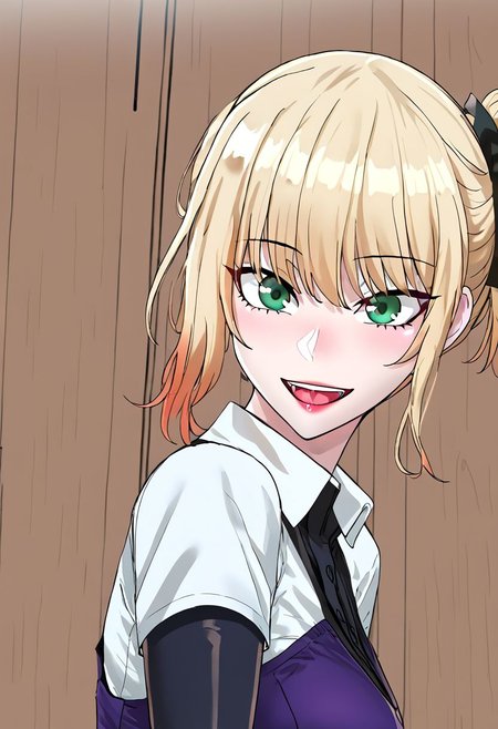 (score_9, score_8_up, score_7_up), (1girl), ((masterpiece)), ((best quality)), ultra detailed, vivid color, ((Dayeong)), (light blonde color hair:0.8), (dark blonde color hair:0.2), Shoulder length hair, 4ng3l face, dark green eyes, dressed, indoor, Lecture room, afternoon, natural light, solo_focus, wear white shirt, smile., look at viewer, laugh eyes, laugh mouth, shudder shoulder