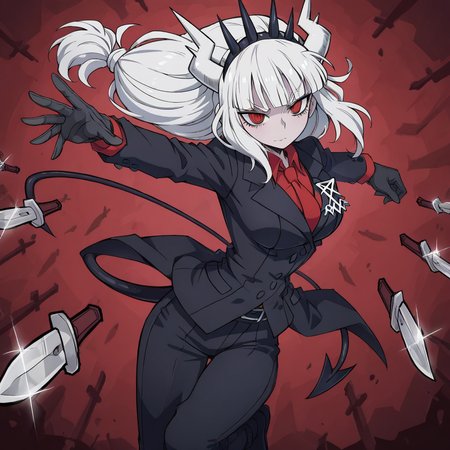 masterpiece, best quality, newest, absurdres, highres, anime, anime style, KFV1.0, knife, throwing, throw, throwing knife, 1girl, lucifer \(helltaker\), black suit, red necktie, black collared shirt, black gloves, blunt bangs, demon horns, demon girl, demon tail, red eyes, white hair, long hair, holding, holding knife, holding weapon, weapon,