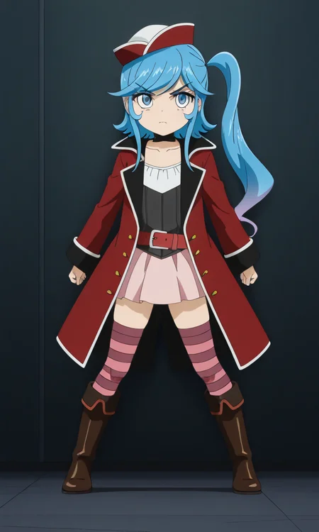 1girl, solo, kamijo_epoch, blue hair, multicolored hair, side ponytail, blue eyes, red hat, black choker, masterpiece,best quality,amazing quality,very aesthetic,absurdres,newest, red jacket, black wear, red belt, pink skirt, horizontal-striped thighhighs, brown boots,