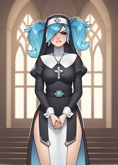 score_9, score_8_up, score_7_up, score_6_up, score_5_up,  source_anime,
BREAK
1 girl, solo, Evie_Paladins,  nun outfit, church background, annoyed
BREAK
,  <lora:EviePaladins3:0.8>
