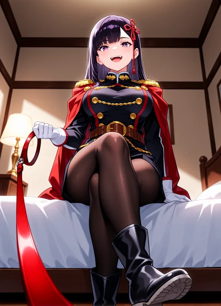 1girl,<lora:renyama_v2_sn75:1>, rrenyama, hair ornament, black military uniform, white gloves,  brown belt, epaulettes, red cape, pantyhose, boots, crossing legs, looking at viewer,
sitting, bed, bedroom background, open mouth, happy, holding leash, pov from below,
high resolution, ultra-detailed, absurdres, masterpiece, best quality, good quality, newest,