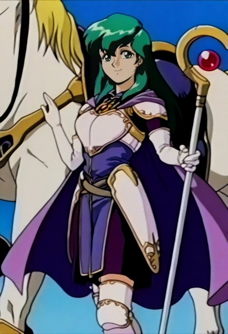 masterpiece, best quality, solo, looking at viewer, 1girl, smile, <lora:FeOVA_GLoRA-illus_Fp:1>, retro artstyle,  <lora:fececilia-illu-nvwls-v1:1>, dfCla, green hair, green eyes, purple cape, brooch, armored dress, purple dress, elbow gloves, white gloves, belt, white boots, white horse, standing, holding staff,