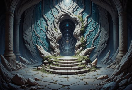 2D video game landscape digital illustration of underground small plaza in front of a grey wall with luminous circuit patterns with a few steps leading to a niche carved in the wall, organic walls, environmental storytelling, dark fantasy with deep shadows, the niche is the only source of light, organic curves, OBxiaoxiang, R3alisticF, G0thicL1nes