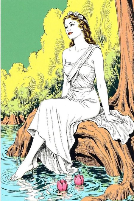 alexray1 drawing
a woman in a white dress, adorned with a flower crown, sits on a rock. The woman's body is draped in a flowing white cloth, her hair cascades in a ponytail, adding a touch of color to the scene. The background is a mix of green, yellow, and orange. there are two pink tulips floating in the water  <lora:alexray1_nocap_d6a3:1.0><lora:815515179128388129:0>