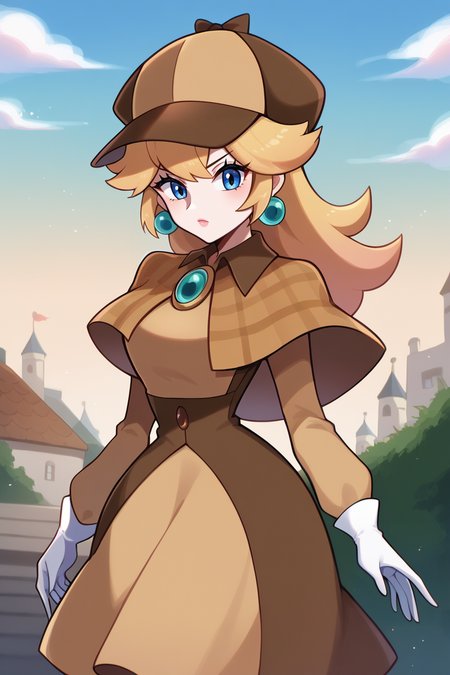 score_9, score_8_up, score_7_up, BREAK <lora:touyarokii-guy-PONYv1:1>, 1girl, solo,  <lora:PrincessPeach_XLPD:0.9> IncrsPchDetective, breasts, long hair, bangs, deerstalker, detective, hat, white gloves, capelet, brown capelet, long sleeves, dress, brooch, jewelry, earrings, outdoors,